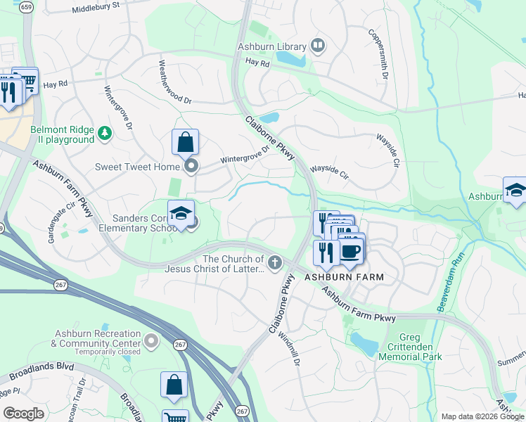 map of restaurants, bars, coffee shops, grocery stores, and more near 20886 Isherwood Terrace in Ashburn