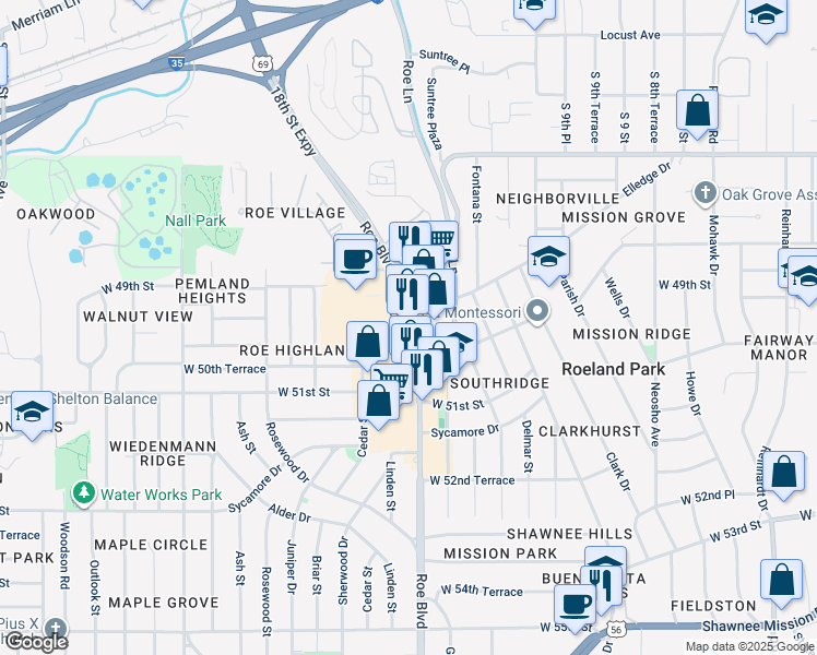 map of restaurants, bars, coffee shops, grocery stores, and more near 4988 Roe Avenue in Roeland Park