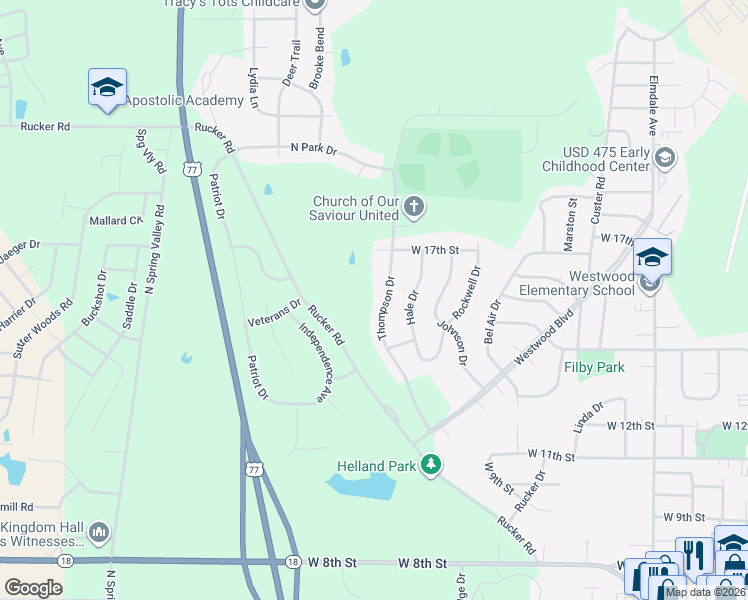 map of restaurants, bars, coffee shops, grocery stores, and more near 1600 Thompson Drive in Junction City