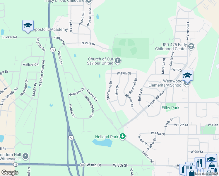 map of restaurants, bars, coffee shops, grocery stores, and more near 1600 Thompson Drive in Junction City