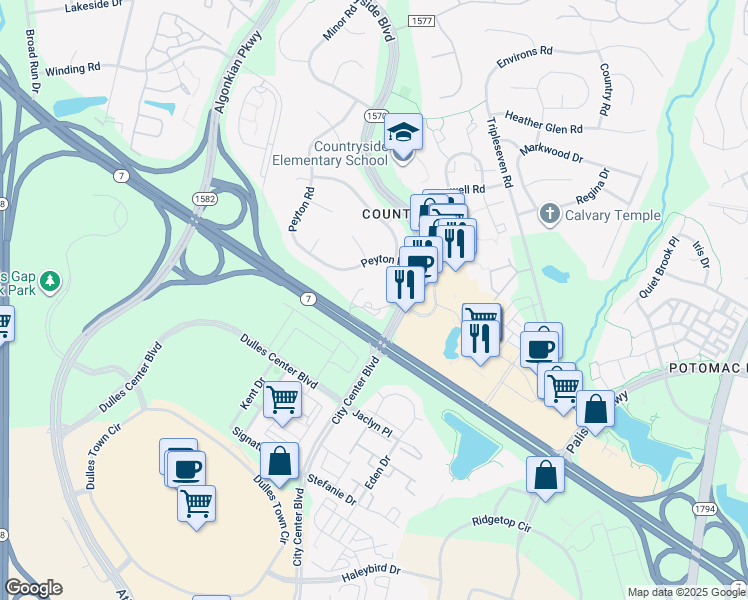 map of restaurants, bars, coffee shops, grocery stores, and more near 45800 Jona Drive in Sterling