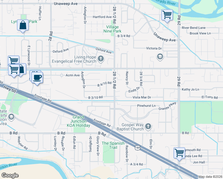 map of restaurants, bars, coffee shops, grocery stores, and more near 235 28 1/2 Road in Grand Junction