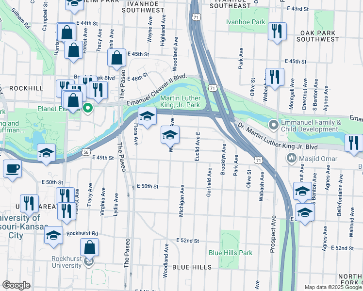 map of restaurants, bars, coffee shops, grocery stores, and more near 1809 East 48th Street in Kansas City