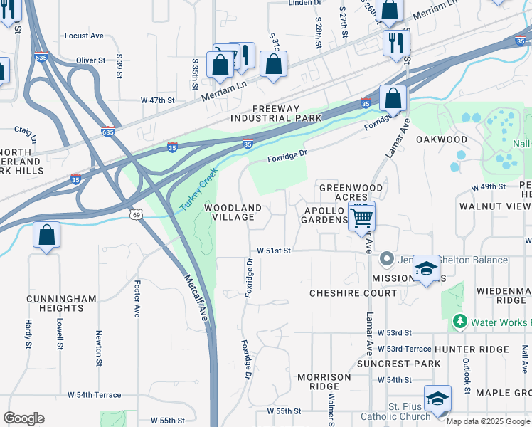map of restaurants, bars, coffee shops, grocery stores, and more near 6913 West 50th Terrace in Mission