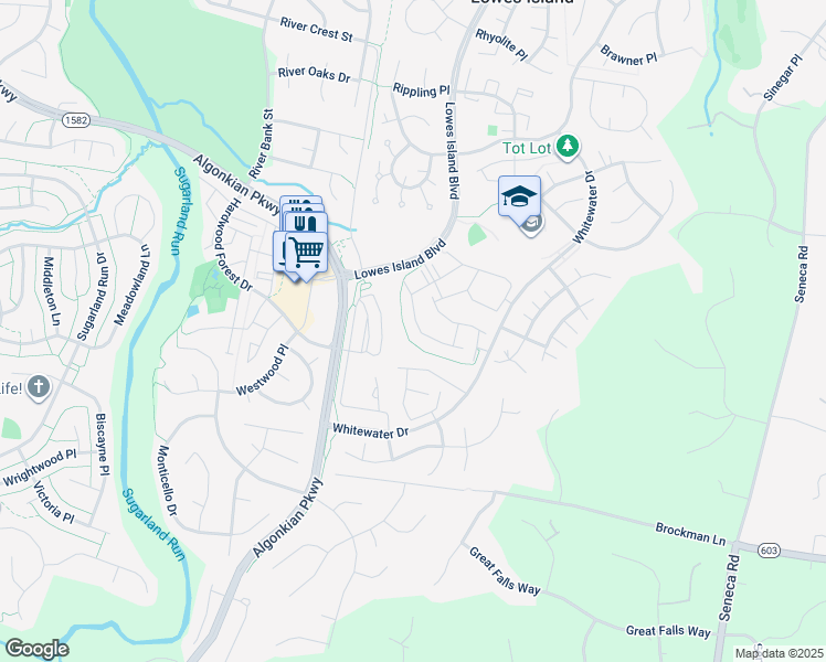 map of restaurants, bars, coffee shops, grocery stores, and more near 47621 Comer Square in Sterling