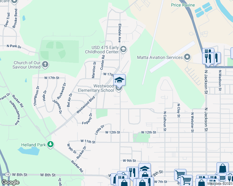 map of restaurants, bars, coffee shops, grocery stores, and more near 1600 North Eisenhower Drive in Junction City