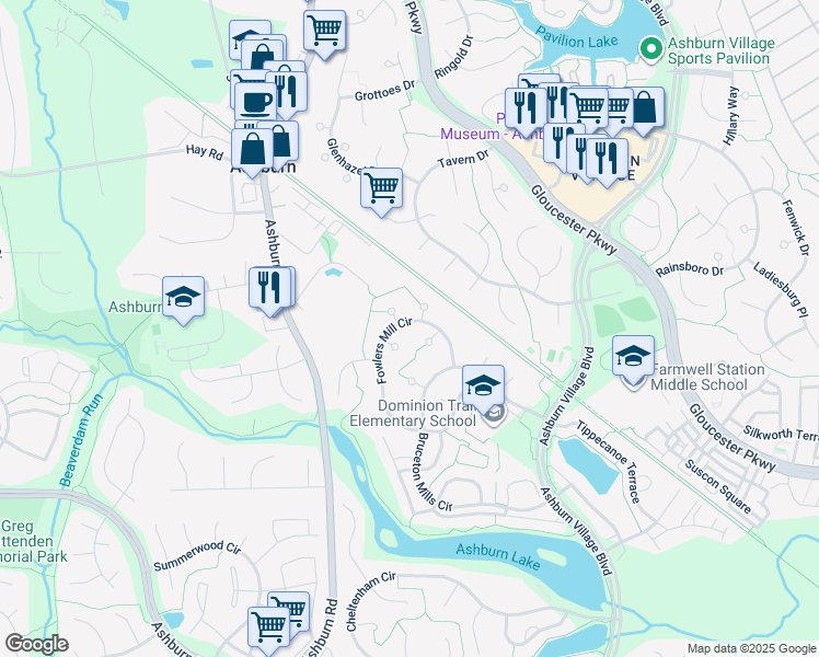 map of restaurants, bars, coffee shops, grocery stores, and more near 20924 Fowlers Mill Circle in Ashburn