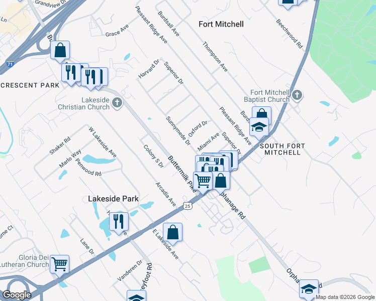 map of restaurants, bars, coffee shops, grocery stores, and more near 27 Sunnymede Drive in Fort Mitchell