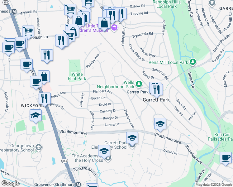 map of restaurants, bars, coffee shops, grocery stores, and more near 4917 Flanders Avenue in Kensington