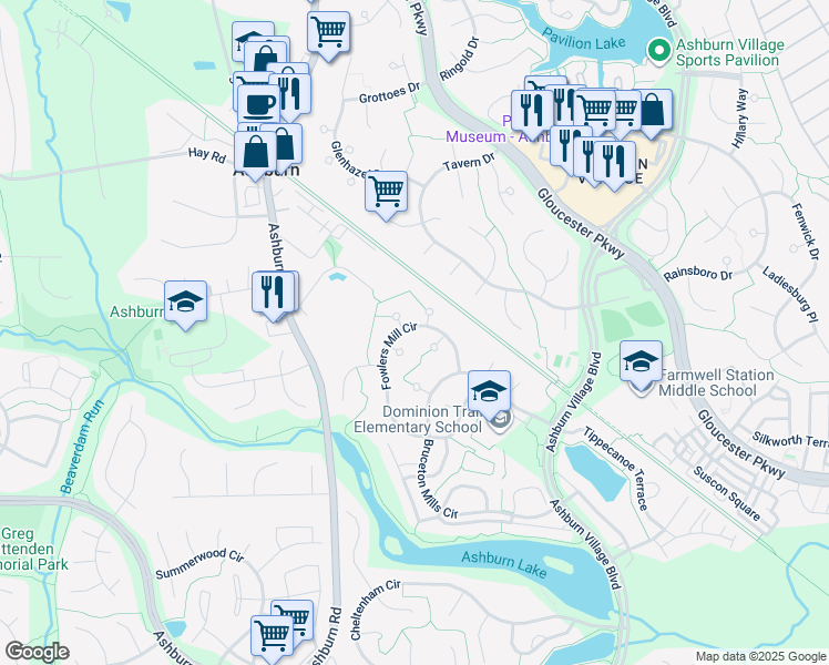 map of restaurants, bars, coffee shops, grocery stores, and more near 20924 Fowlers Mill Circle in Ashburn