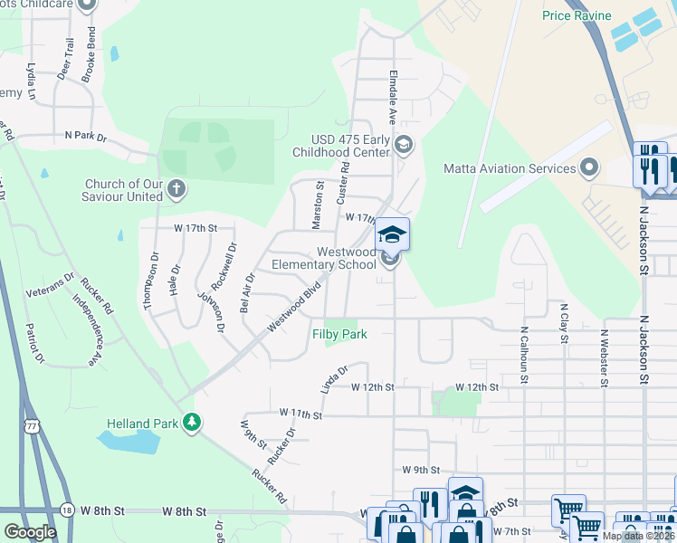 map of restaurants, bars, coffee shops, grocery stores, and more near 1517 Westwood Boulevard in Junction City