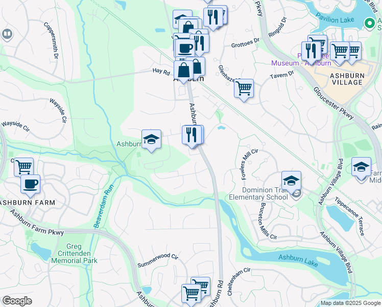 map of restaurants, bars, coffee shops, grocery stores, and more near 20937 Ashburn Road in Ashburn