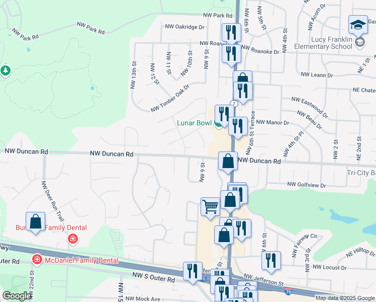 map of restaurants, bars, coffee shops, grocery stores, and more near 1000 Northwest Woodview Circle in Blue Springs