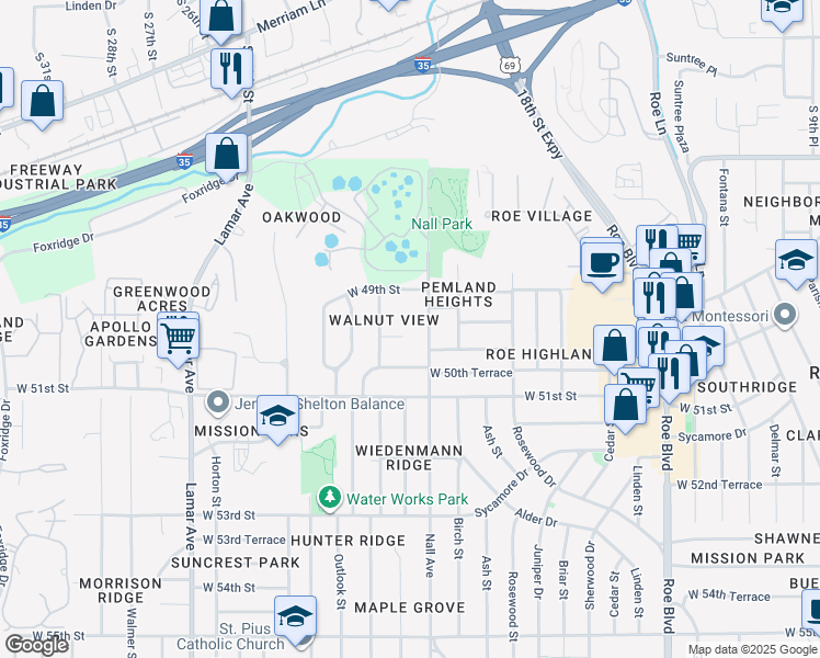 map of restaurants, bars, coffee shops, grocery stores, and more near 5608 West 50th Street in Roeland Park