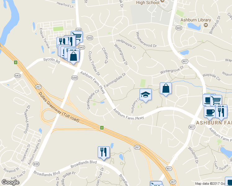 map of restaurants, bars, coffee shops, grocery stores, and more near 20874 Yellowbloom Court in Ashburn