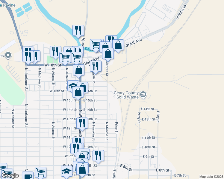map of restaurants, bars, coffee shops, grocery stores, and more near 310 16th Street Circle in Junction City