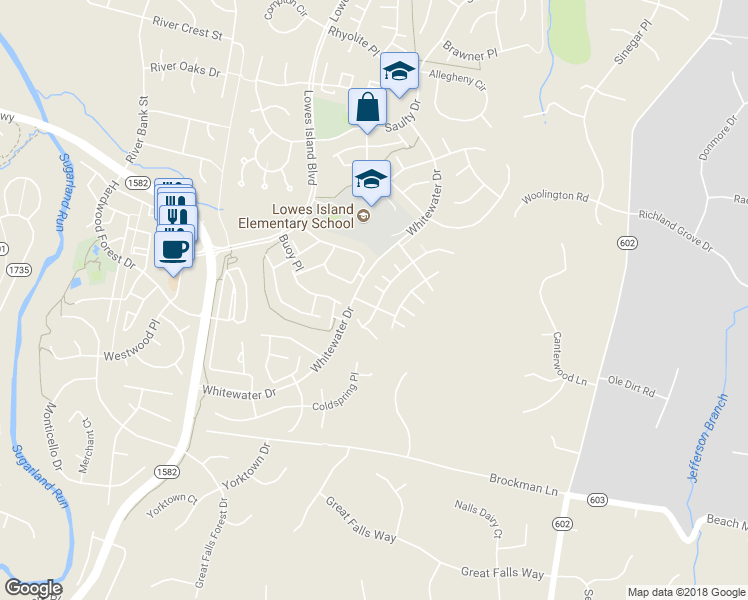 map of restaurants, bars, coffee shops, grocery stores, and more near 47664 Pennrun Way in Sterling