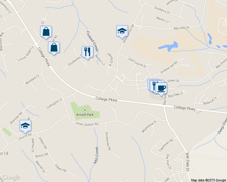 map of restaurants, bars, coffee shops, grocery stores, and more near 1300 Farley Court South in Arnold