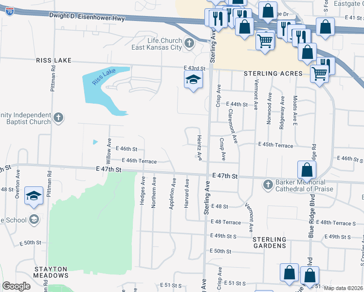map of restaurants, bars, coffee shops, grocery stores, and more near East 45th Terrace in Kansas City