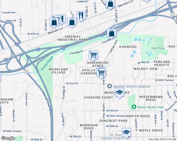 map of restaurants, bars, coffee shops, grocery stores, and more near 6529 West 49th Street in Mission