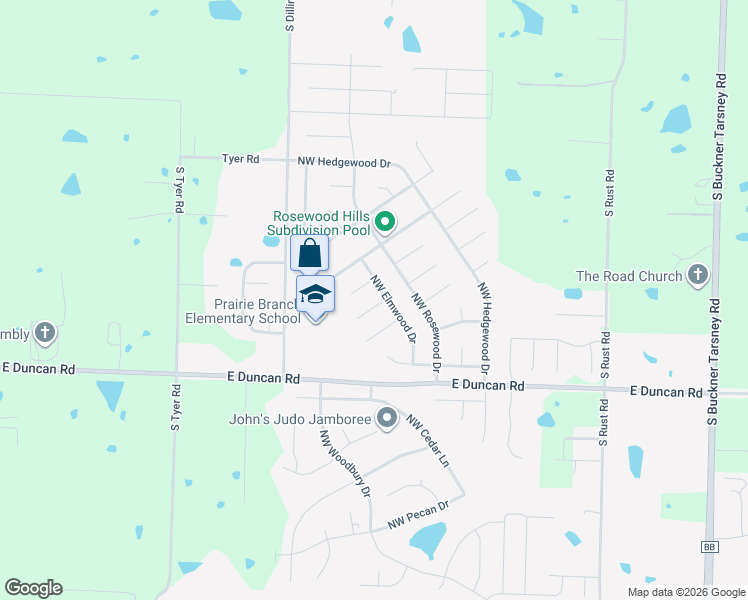 map of restaurants, bars, coffee shops, grocery stores, and more near 1206 Northwest Walnut Court in Grain Valley