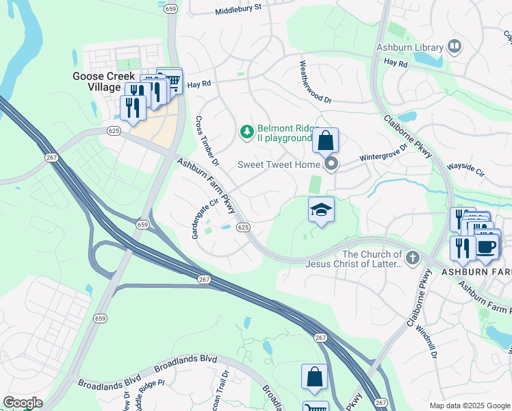 map of restaurants, bars, coffee shops, grocery stores, and more near 20874 Yellowbloom Court in Ashburn