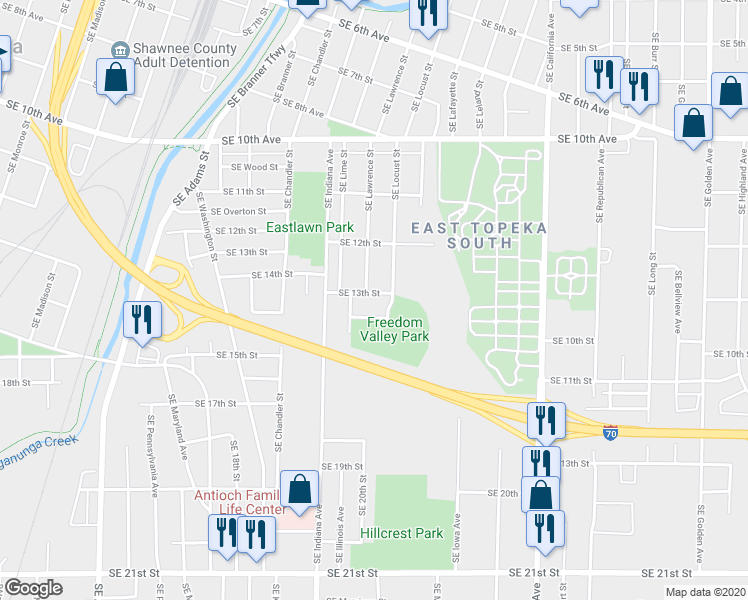 map of restaurants, bars, coffee shops, grocery stores, and more near 1427 Southeast 13th Street in Topeka