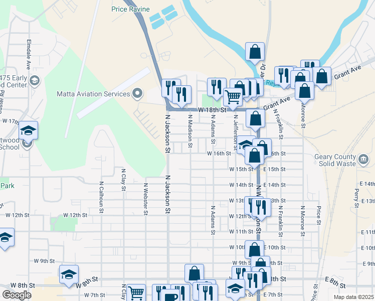 map of restaurants, bars, coffee shops, grocery stores, and more near 1600 North Madison Street in Junction City