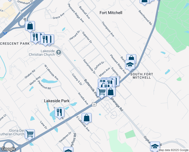 map of restaurants, bars, coffee shops, grocery stores, and more near 27 Sunnymede Drive in Fort Mitchell