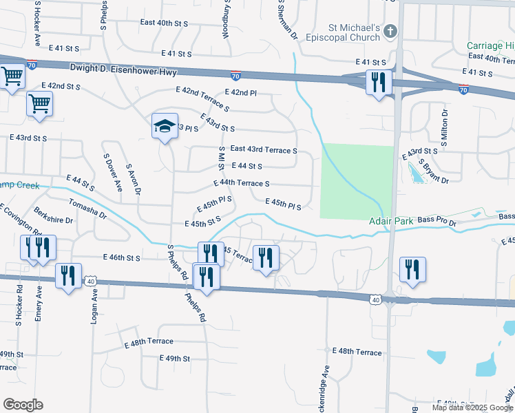 map of restaurants, bars, coffee shops, grocery stores, and more near 15607 East 45th Place South in Independence