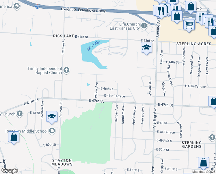 map of restaurants, bars, coffee shops, grocery stores, and more near 10606 East 46th Street in Kansas City