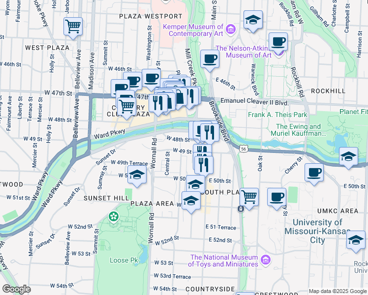 map of restaurants, bars, coffee shops, grocery stores, and more near 121 West 48th Street in Kansas City