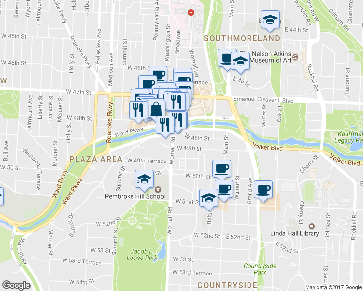 map of restaurants, bars, coffee shops, grocery stores, and more near 310 West 49 Street in Kansas City