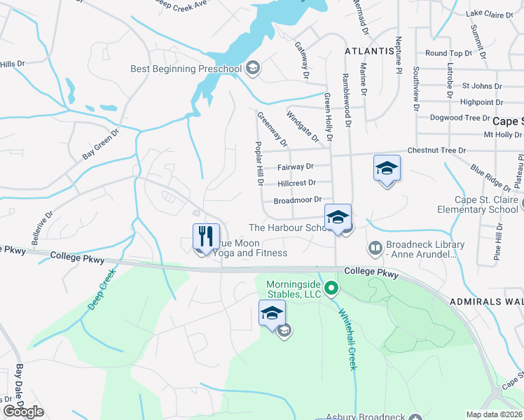 map of restaurants, bars, coffee shops, grocery stores, and more near 1313 Poplar Hill Drive in Annapolis