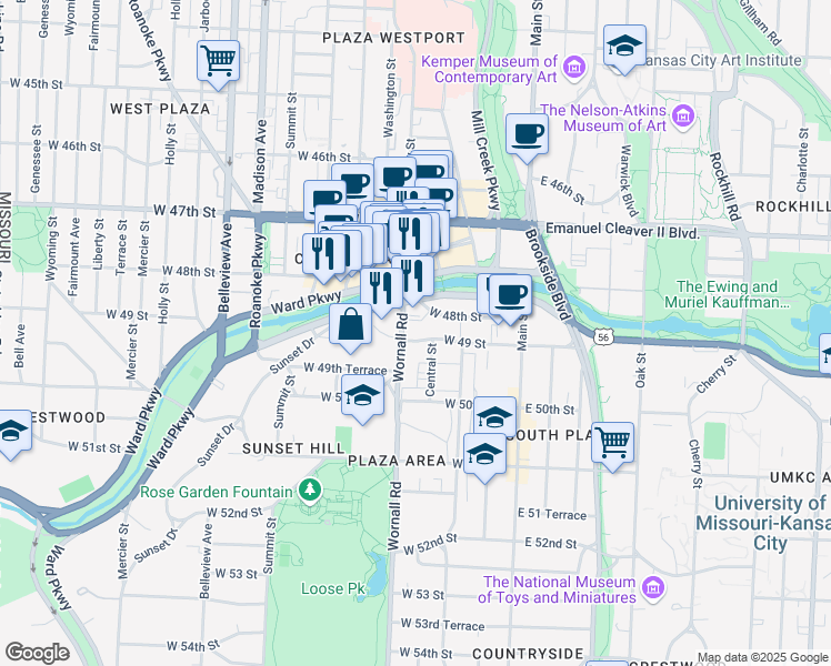 map of restaurants, bars, coffee shops, grocery stores, and more near 310 West 49th Street in Kansas City