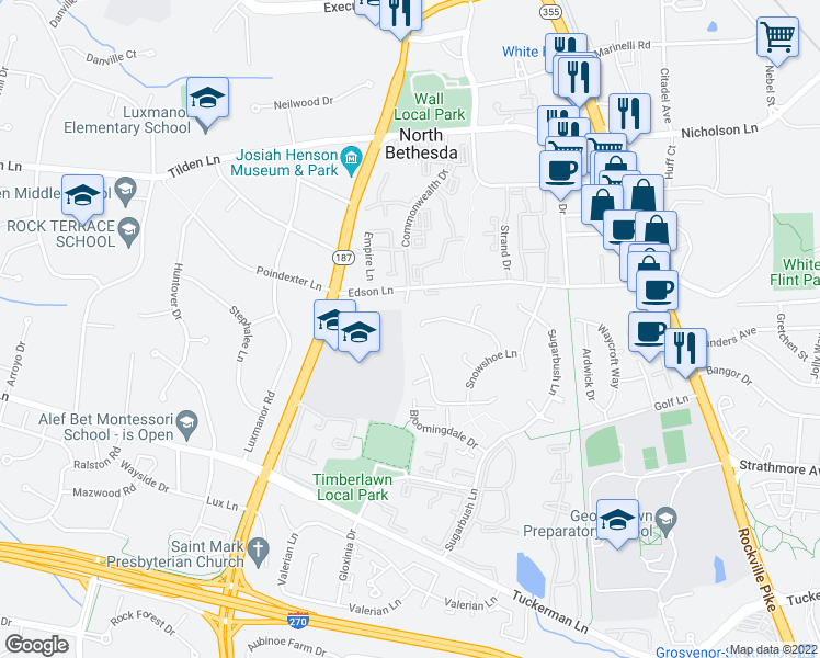 map of restaurants, bars, coffee shops, grocery stores, and more near 5828 Magic Mountain Drive in Rockville