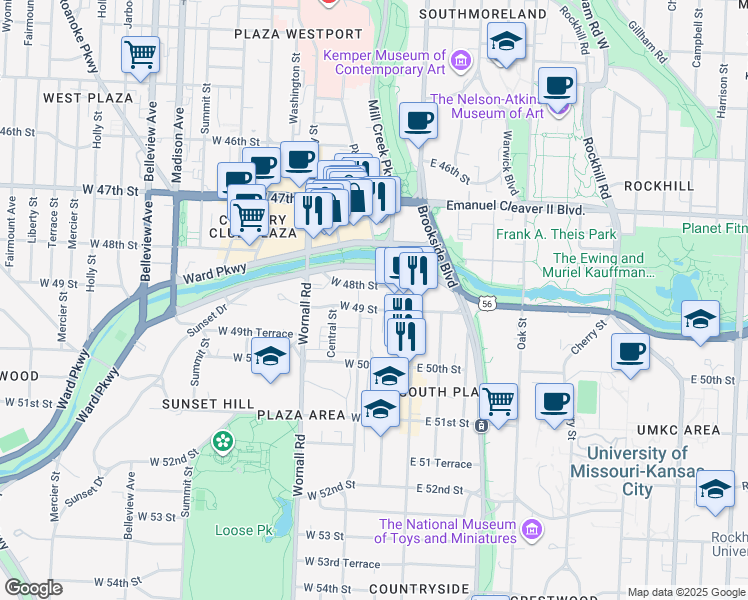 map of restaurants, bars, coffee shops, grocery stores, and more near 121 West 48th Street in Kansas City