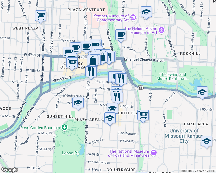 map of restaurants, bars, coffee shops, grocery stores, and more near 121 West 48th Street in Kansas City