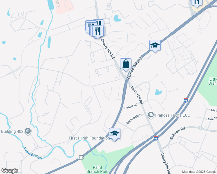 map of restaurants, bars, coffee shops, grocery stores, and more near 10812 Cherry Blossom Court in Adelphi