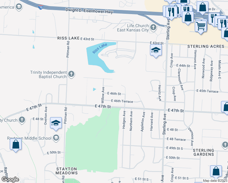 map of restaurants, bars, coffee shops, grocery stores, and more near 10600 East 46th Street in Kansas City