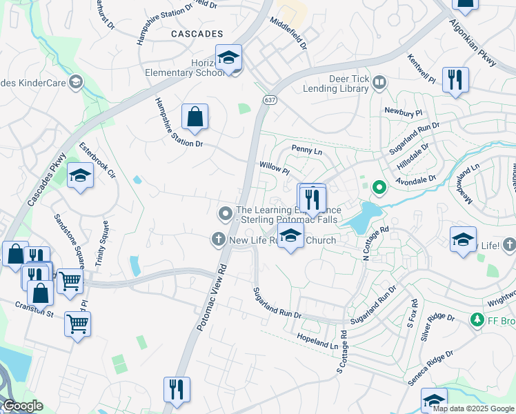map of restaurants, bars, coffee shops, grocery stores, and more near 45 Thrush Road in Sterling