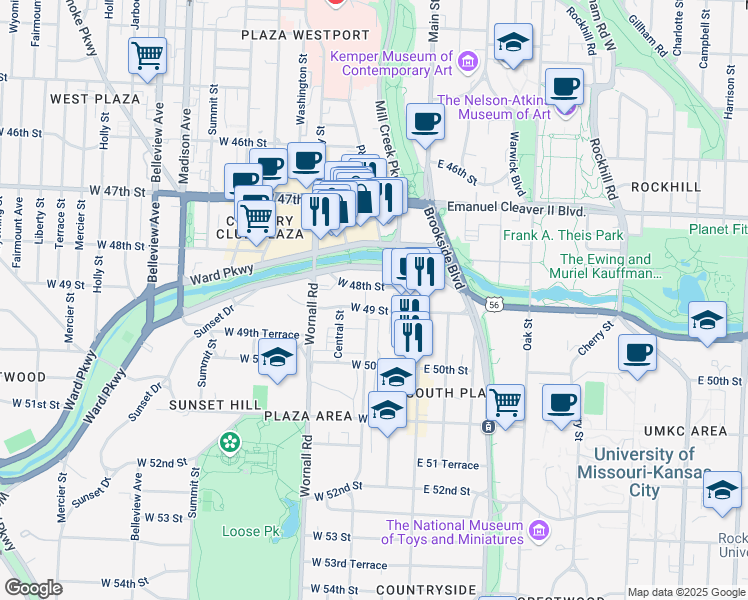 map of restaurants, bars, coffee shops, grocery stores, and more near 121 West 48th Street in Kansas City