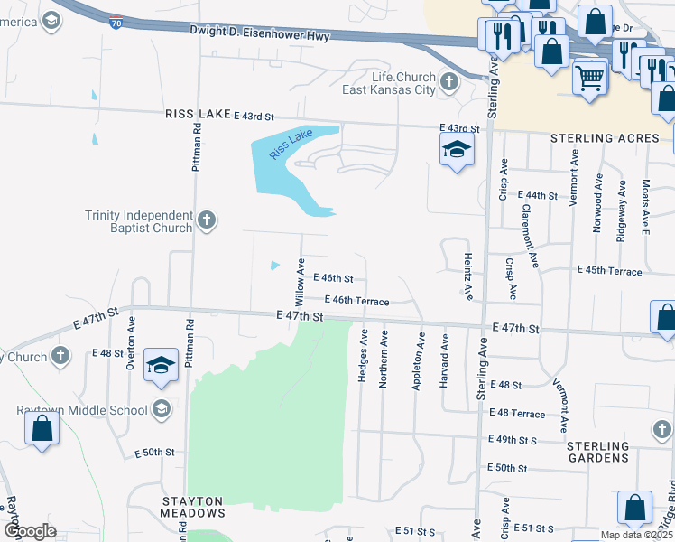 map of restaurants, bars, coffee shops, grocery stores, and more near 10606 East 46th Street in Kansas City
