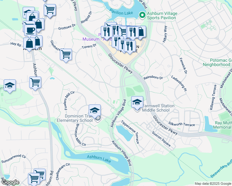 map of restaurants, bars, coffee shops, grocery stores, and more near 20899 Paw Paw Court in Ashburn