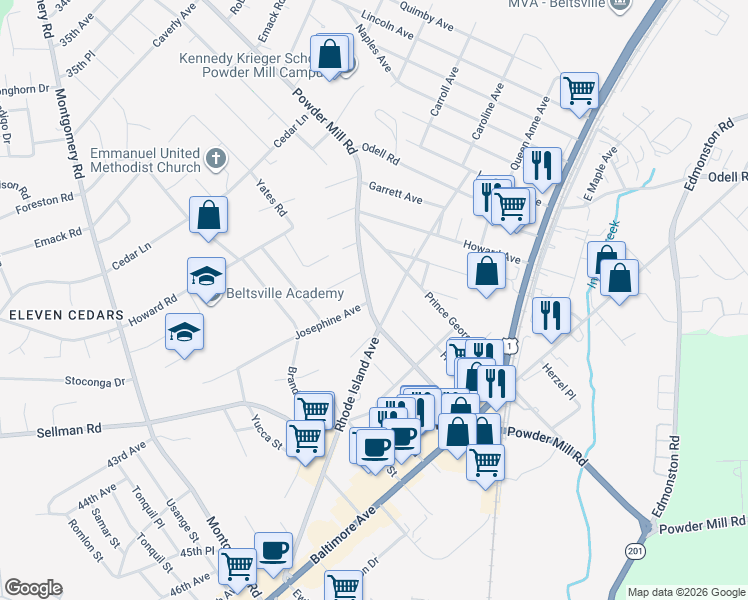 map of restaurants, bars, coffee shops, grocery stores, and more near 4808 Powder Mill Road in Beltsville