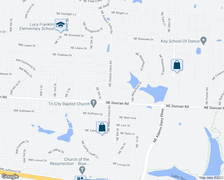 map of restaurants, bars, coffee shops, grocery stores, and more near 1849 Northeast Waterfield Lane in Blue Springs