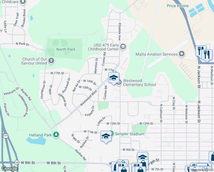 map of restaurants, bars, coffee shops, grocery stores, and more near 1521 Custer Road in Junction City