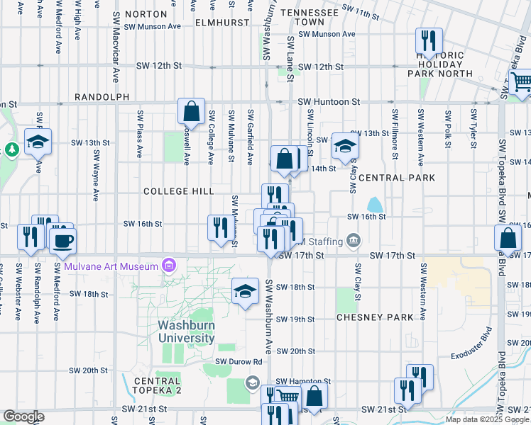 map of restaurants, bars, coffee shops, grocery stores, and more near 1523 Southwest Washburn Avenue in Topeka