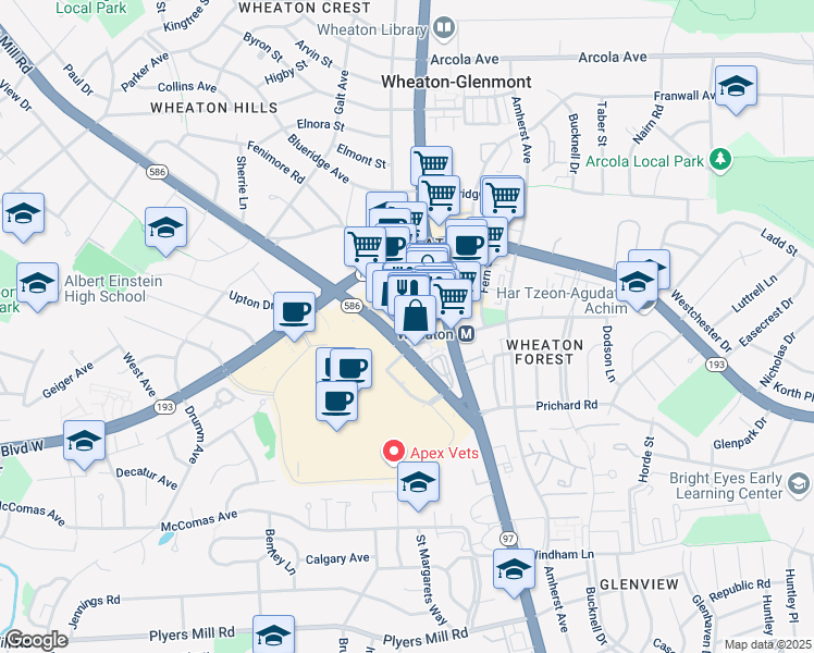 map of restaurants, bars, coffee shops, grocery stores, and more near 11224 Grandview Avenue in Silver Spring