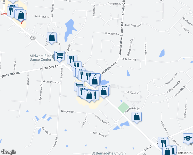 map of restaurants, bars, coffee shops, grocery stores, and more near 14 Amelia-Olive Branch Road in Amelia